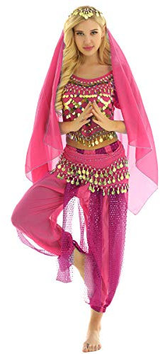 YiZYiF Damen Bauchtanz Kostüm Münzperlen Bauchtanz Oberteil Haremshose Kopftuch Hüfttuch indische Tanzkleidung Karneval Fasching Kostüm Rose Einheitsgröße