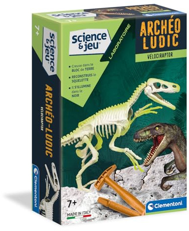 Clementoni | Archéo Ludic – Velociraptor 7 Jahre + | Dinosaurier-Lernspielzeug mit wissenschaftlicher Ausgrabungs-Set | Leuchtendes Skelett zum Nachstellen | Geschenk für Kinder Paläontologie