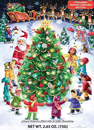 Adventskalender mit Aufschrift ''Gather Round The Tree'', Schokoladenmotiv, kleine Geschenke, Süßigkeiten (Countdown bis Weihnachten)
