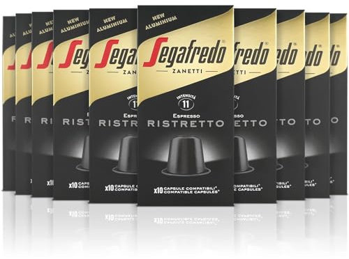 Segafredo Zanetti Lot de 100 capsules en aluminium compatibles avec Nespresso de Café Ristretto Gusto décisif et corsé (10 étuis de 10 capsules) – Convient pour les machines Nespresso Original