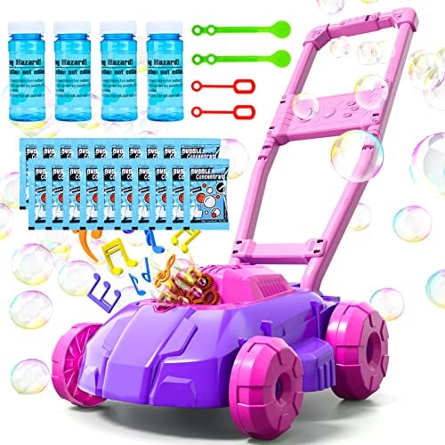 Bubble Lawn Mower Age 3+ for Toddlers, Kids Automatic Bubble Blower Maker Machine, Pink and Purple, Outdoor Gardening Push Toys, Birthday Gifts Summer Toys for Girls Boys