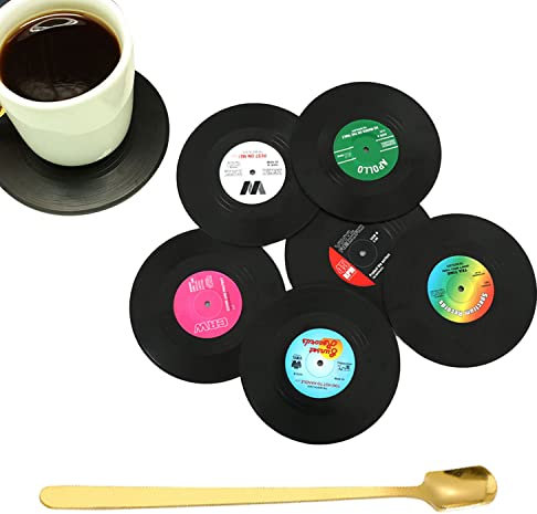 6 sous-Verres en Silicone antidérapants avec 1 cuillère à café, tampons CD en Vinyle rétro, tampons d'isolation Thermique, Protections de Bureau, sous-Verres Ronds, pour café, Boissons, Verres