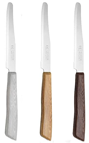 Coltello da tavola set 12 manico effetto legno lama acciaio inox seghettata per bar pub ristoranti tavola casa-marrone
