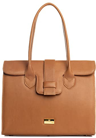 Zamponi Berlin Damen-Tasche aus echtem Leder, breite Schulter Elegante Hand-Tasche Frau Schickes, Shopping-Täschchen Schultertasche aus Leder, Fächer tote shopping bag Tasche Oberer Stiel, Braun