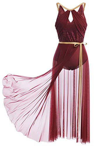 FYMNSI Damen Lyrisch Tanzkleid Ballettkleid ?rmellos Pailletten Trikot Mit Wickelrock Maxikleid T?ll Langes Trikotkleid Modern Contemporary Tanzkost?me Turnanzug B?hnenanzug Kost?m Weinrot M