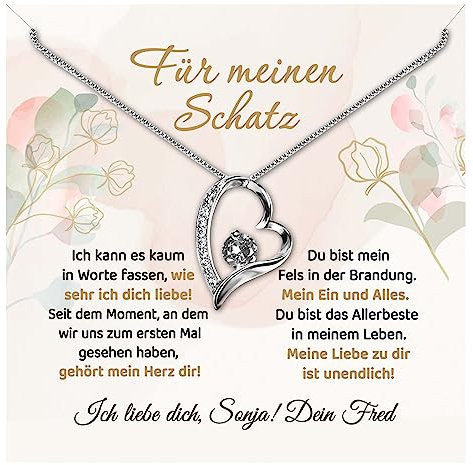 Halskette „Für meinen Schatz“ – 14 Karat Weißgold – inkl. Anhänger, Geschenk-Box mit personalisierter Grußkarte & eigenem Text – Geschenke für Frauen | Schatz Geliebte Freundin Ehefrau (Herz)