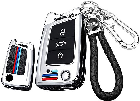 ontto Klappschlüssel Autoschlüssel Hülle Passt für VW Golf 7 MK7 Tiguan Polo für Skoda Octavia A7 Kodiaq Seat Ateca Leon Schlüsselhülle Metall Schlüsselbox Cover Schlüsselanhänger 3 Taste-B Silber