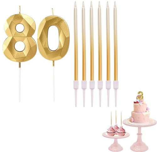 80th Birthday Candles Gold Number 80 Candles for Birthday Cake with Gold Long Candles, Gold 80 Candles for Cake Birthday Cake Topper Decorations for Women Men Birthday Party