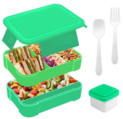 Gemi 1550ML Fiambrera Infantil Compartimentos,Lunch Box Niños Adultos con Cubiertos, Fiambreras Bento de Fugas, Bento Box Libre de BPA, Loncheras para Niños Adultos Escuela Trabajo (Verde)