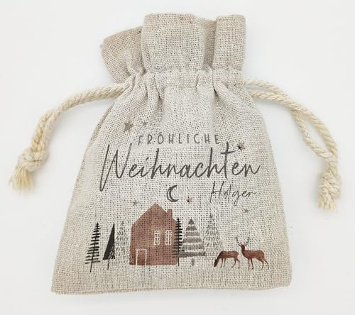 Kilala Geldverpackung Weihnachten, personalisierte Leinensäckchen mit Kordelzug, 10x13,5 cm, rustikale Verpackung für Geldgeschenke, Frohe Weihnachten Design, handgefertigt