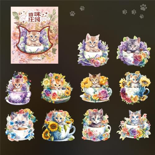 ZXMNBH PET Stickers for Scrapbooking Kit Teacup Kitten Aesthetic Paper Diary Planner Junk Journaling Decorative Supplies 20 Pcs/Pack