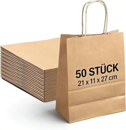 PakTalk 50pack Geschenktüten mit Henkel, 27x11x27CM Medium Größe Kraftpapier Papiertüten mit Henkel, Wiederverwendbare Papiertüten