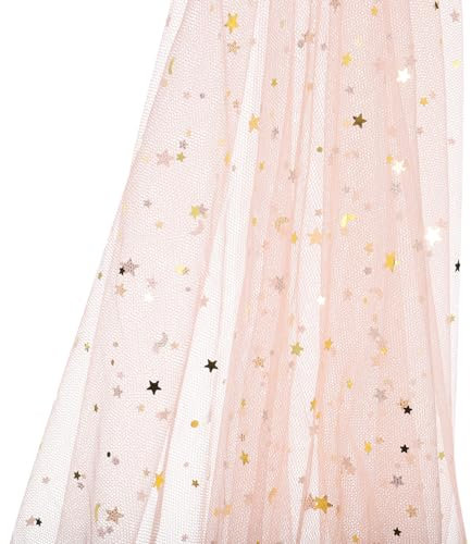 PATIKIL 5 Iarde Tessuto in Tulle, 63 Rotoli Tessuto Tulle Pizzo Nastro di Paillettes Stelle Luna Morbido per Gonne Tutu Vestiti Fai-Da-Te Decorazioni Compleanno Matrimoni, Rosa Chiaro