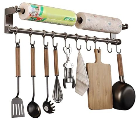HMAKGG Barra Portautensili Cucina, Porta Utensili da Cucina Parete con 10 Gancio, 60CM Appendi Mestoli da Cucina Adesivo con Portarotolo, senza Foratura, Grigio