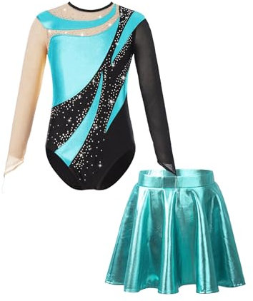 Oyolan Mädchen Turnanzug Balletttrikot Gymnastikanzug Langarm Tanzbody mit Rock Tanzoutfit Wettkampf Trainingsanzüge Türkis 134-140