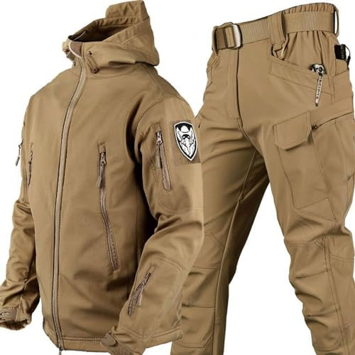 Herren-Angelanzug, Winter, Haifischhaut, Softshell-Fleece, dick, Bergsteigen, Camping, Kleidung, Taktiktraining, wasserdicht, Khaki|Größe L