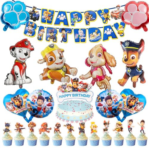 Chukua Paw Luftballon Geburtstag Deko Jungen Mädchen - Dog Geburtstagsdeko Girlande Ballon Geburtstag Deko Folienballons Happy Birthday Banner Cake Topper für Kindergeburtstag Party Deko