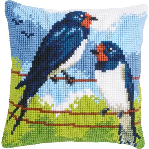 Vervaco Kreuzstich Stickpackungen Kissen Stickerei Set Anfänger Vorgedruckt Schwalben DIY Set Kreativ Set Für Erwachsene Dekoratives Kissen ca. 40 x 40 cm Bastelset Handwerker Haus Dekoration