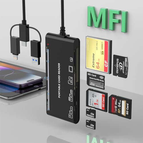 USB C Lightning USB3.0 Multi Card Reader for SD CF XD MS Micro SD TF, 7 in 1 Memory Card Reader Adapter Hub for iPhone/iPad/MacBook/Samsung, for Windows, Mac OS, iOS, Linux, Android
