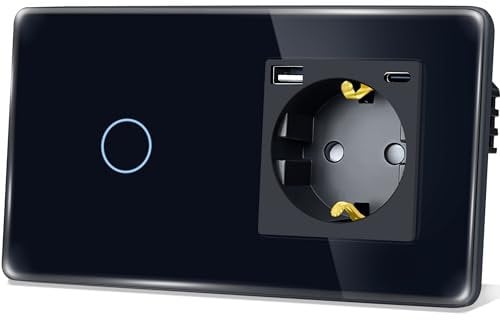 TAWOIA Interruptor de luz táctil con enchufe (máx. 20 W) USB y tipo C, estándar de la UE, 1 enchufe, 1 vía, interruptor de luz empotrado con placa de cristal curvado 2,5D 86 x 157 mm, color negro