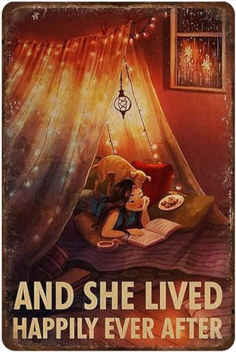 Metallschild mit Aufschrift Girl Reads And She Lived Happily Ever After, Vintage-Schild, Aluminiumschild, Dekoration für Außenbereich, Garten, Küche, Zuhause, Café, Bar, Wand, 20,3 x 30,5 cm