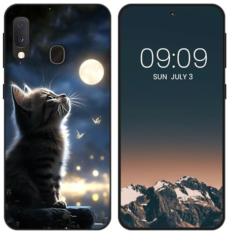 WUACYEAMING Noir Coque pour Samsung Galaxy A20e, Haute Qualité TPU Silicone Mince Souple Antichoc Bumper avec La Lune et Le Chat Motif Dessin Mat Case