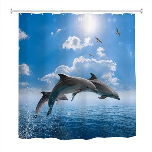 goodbath Long rideau de douche 200 cm en tissu imperméable avec 12 crochets Motif dauphin sautant océan mer et mer