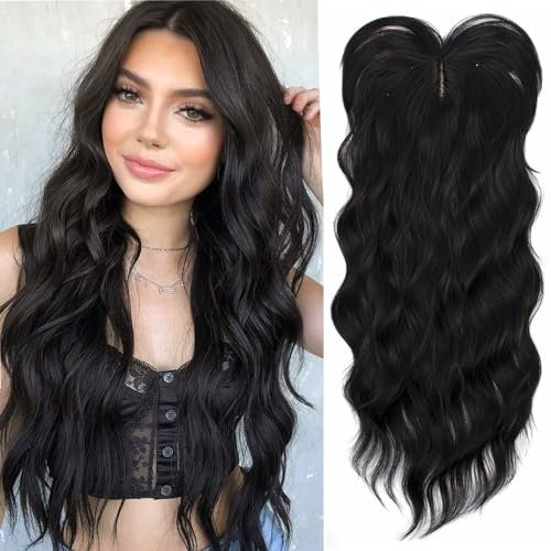 PORSMEER haarteile für dünnes haar topper, 45cm Lang Gewelltes Haarteile Synthetische Perücken-Topper für Frauen Highlight Clip In Wiglet mit Pony Haarvolumen hinzufügen(Natürliches Schwarz)
