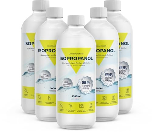 Medicalcorner24 Reines Isopropanol Isopropylalkohol 99,9% 5 x 1 Liter Reinigungsalkohol Reinigung von elektronischen Geräten & Linsen löst Kunstharz beim 3D-Druck (5 x 1000ml) Made in Germany