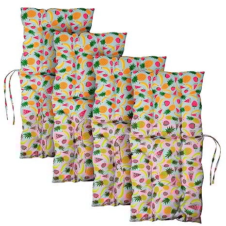 MG Design 4er-Set Stuhlkissen 100x50 cm mit fruchtig Druck - Stuhlkissen mit Bändern, Steppkissen - Sitzkissen für Gartenstuhl, Outdoor Stuhlauflage als Stuhl Kissen, für Indoor und Outdoor