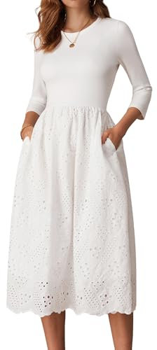 GRACE KARIN Women's Flared A Line Dress Summer Midi Dress 3/4 Sleeve Elegant Cotton Dress Crewneck Midi Dress for Holiday M White Size 12