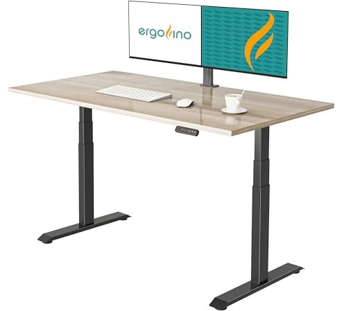 Ergofino höhenverstellbarer Schreibtisch 160x80 cm, elektrisch Schreibtisch mit GS-Zertifiziert, 2 Motoren, 3-Fach Teleskop, 3 Memoryfunktion, Gestell Schwarz inkl. Nussbaum Tischplatte