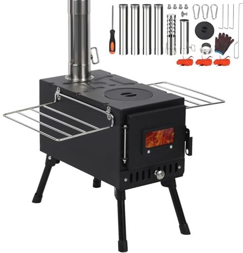 REDCAMP Camping Zelt Herd, Faltbarer Zelt Holz Brennofen, Tragbarer heißer Zelt Holzofen mit winddichtem Kamin für Outdoor Camping Kochen, schwarz