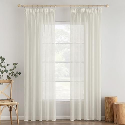 MIULEE 1er Set Voile Vorhang Sheer Vorhang mit kräuselband Transparente Leinenoptik Gardinen Wohnzimmer Modern Fensterschal Schlafzimmer 300x225cm (B x H) Elfenbeinweiß