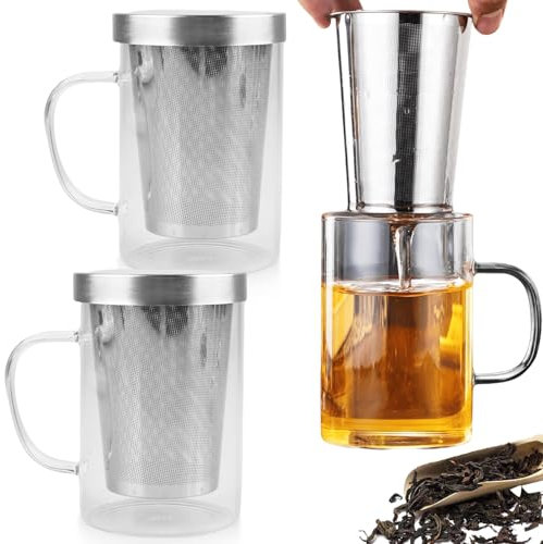 Asfrode 2 Stück Teetasse mit Edelstahl Deckel und Sieb, 500ml Große Teeglas mit Griff Glas Tasse Teebecher Teegläser Tea Cup Tassen Geschenke Glas Teebereiter für Losen Tee Beutel Tee