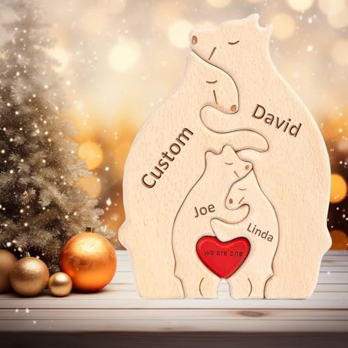 Personalisiertes Holzkunstpuzzle der Bärenfamilie mit 2-7 Namen Graviert, Skulpturen Desktop Ornament Home Tischdekoration, Geschenk für Familie, Mama, Papa (1Pcs-2 Bären)
