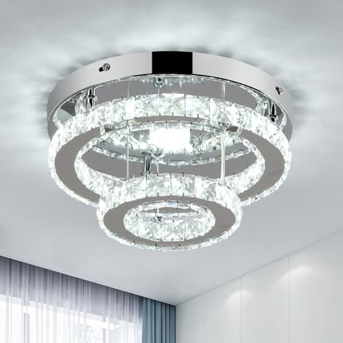 RHEAFON Modern Crystal Chandeliers Ceiling Light, 2 Tier Crystal Ceiling Lights Living Room, Chrome Flush Mount LED Ceiling Light for Hallway Bedroom Foyer Kitchen Light Fixture