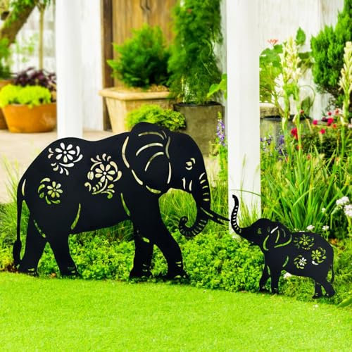 QBMYCN Elefant-Gartenstecker aus Metall,2er-Pack Schwarze Elefant-Silhouette Statue,für Hof Garten, Rasen, Outdoor-Dekoration. Geschenk für Elefantliebhaber.