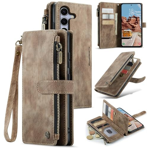 UEEBAI Handyhülle für Samsung Galaxy S25 5G, Retro Reißverschluss Hülle PU Leder Weiche Klapphülle Magnetverschluss Kartenfach Standfunktion Geldbörse mit Trageband Schutzhülle, Braun