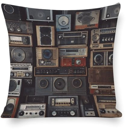 Vintage Wall of Radio Boombox bedruckter Leinen-Kissenbezug, quadratisch, Jute-Kissenbezüge, Queen-Size-Kissenbezüge, Baumwolle und Leinen, atmungsaktiv, hautfreundlich, 50,8 x 50,8 cm