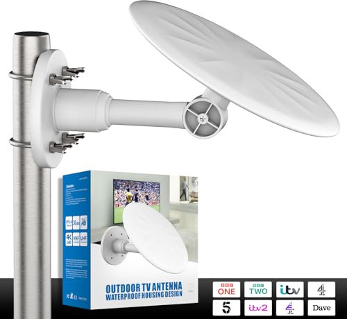 Antenne TV numérique HD extérieure – Prend en charge la réception Freeview, 4K et 1080p ; résistante aux intempéries, antenne intelligente longue portée avec câble de 10 m (blanc)