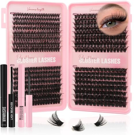 Sixstarhair Individual Eyelashes Kit 544Pcs Lash Clusters with Glue and Remover Volume Clusters Lashes Book Kit D Curl Eyelash Extensions for DIY at Home 10-16mm (60+100+120+150D)