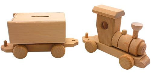 Nachhaltige fahrbare Holz - Spardose, Sparbüchse als Lokomotive, Zug - Spardose, Spareisenbahn, Kinderspardose Lok, Eisenbahnspardose mit Wagon aus nachaltigem Buchenholz, L/B/H 36 x 8 x 12 cm.