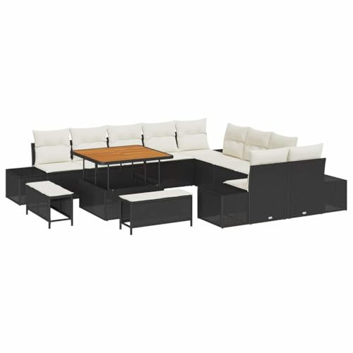 vidaXL Garten-Sofa-Set mit Kissen 13 pcs Schwarz Poly Rattan, Garten Lounge Set, modulare Rattan Möbel, verstellbare Füße, rechteckige Couch, robuste Sitzgelegenheit für Terrasse