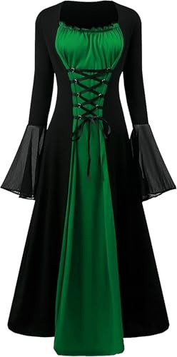 CNVAUIE Renaissance Kostüm Frauen Mittelalterliches Kleid mit Trompetenärmel Gotisch Maxikleid Karneval Halloween Party