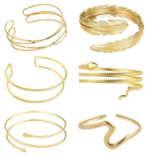 MLPKOI 6 Pièces Bracelets Femme, Bracelet de Bras Ouvert Ajustables et Empilables Bohemia Ensemble de Bracelets en Acier Inoxydable Bijoux de Bras pour Mariage et Fête