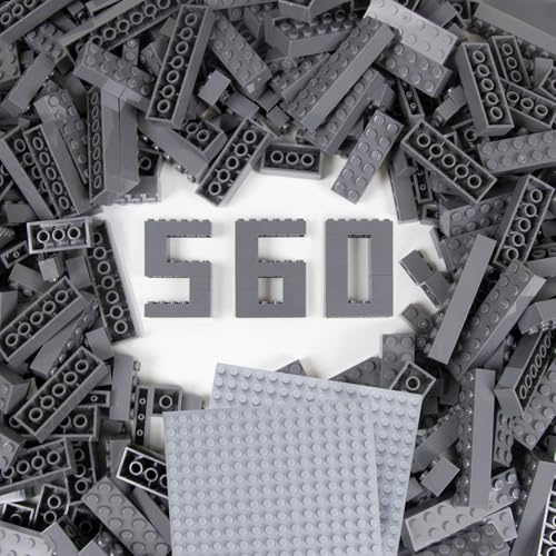 Cabeeskii Blocs de Construction Classiques en Vrac avec 2 plaques de Base, Briques de Construction en 7 Tailles, compatibles avec Toutes Les principales Briques, 560 Gris foncé