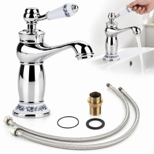 BuyWeek Waschtischarmatur, Blumenmuster Einhebel Bad Wasserhahn, Verchromt | Kalt Warmwasser Messing Mischbatterie für Waschbecken, Spülbecken