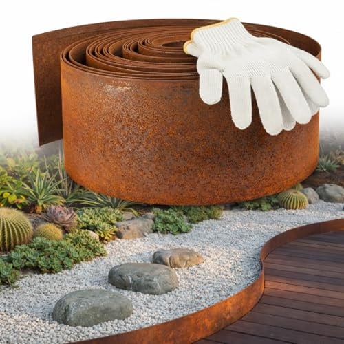 Wetterfeste Cortenstahl Rasenkante 10 m, 15 cm Hoch – Metall Beetumrandung mit Gitter, Einfache Montage, Inkl. 1 Paar Montagehandschuhe