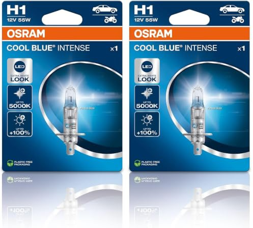 OSRAM COOL BLUE® INTENSE H1, +100% di luminosità in più, fino a 5.000 K, lampada frontale alogena, aspetto LED, blister singolo (1 lampada) (Confezione da 2)